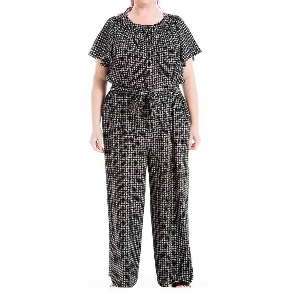 Max Studio Jumpsuit Wide Leg Tile Polka Dot Belted Career Casual Black White 3XL